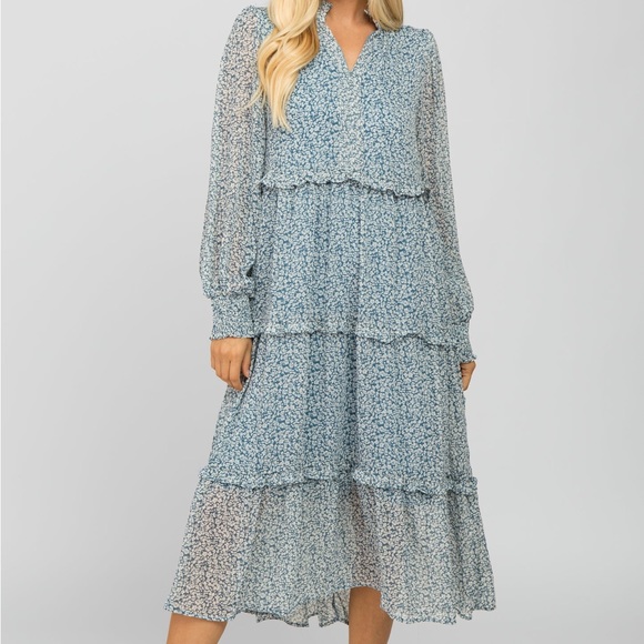 PinkBlush Blue Floral Print Ruffle Tiered Maternity Dress - Picture 7 of 9